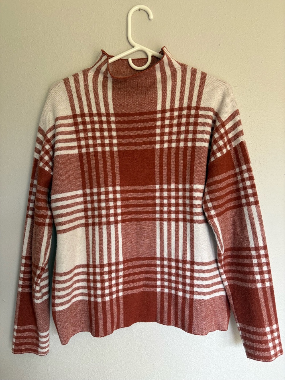Max Studio Plaid Mock Neck Sweater - Rust & Cream